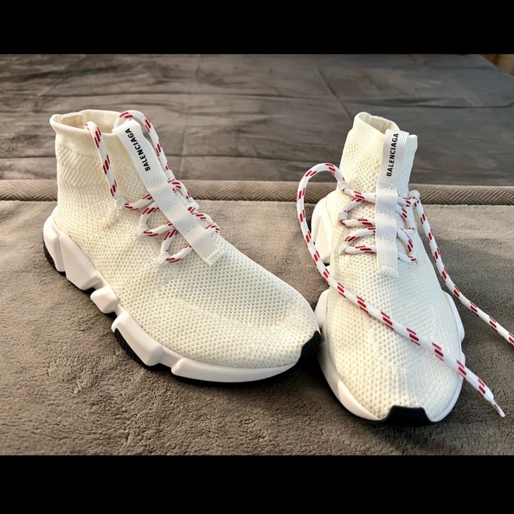 Balenciaga White Knit Sneakers with Red Laces